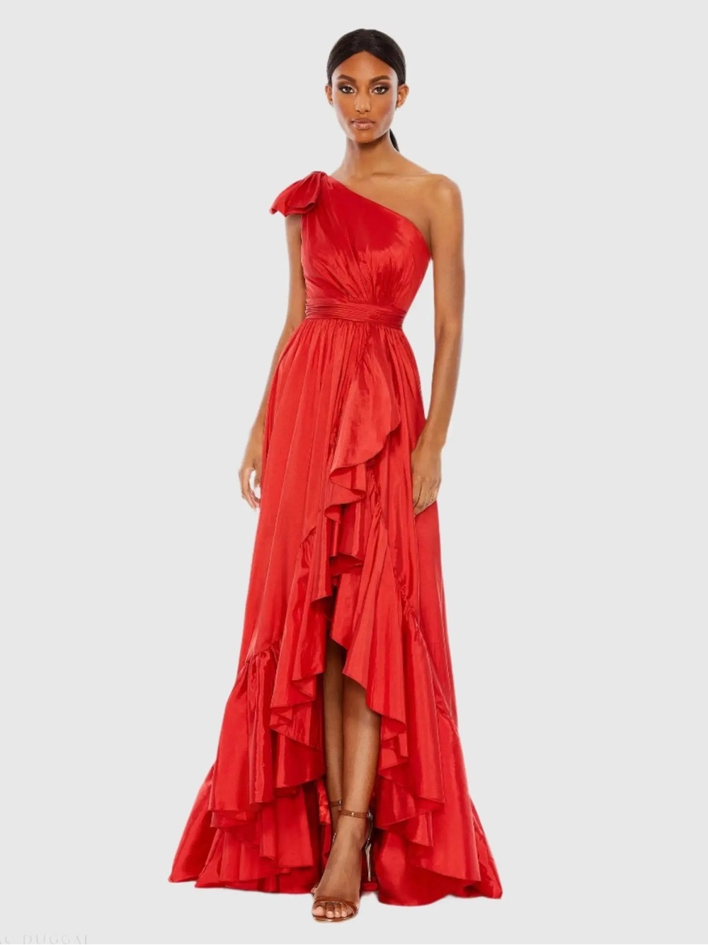 Mac Duggal One-Shoulder Red Ruffle-Front Evening Gown